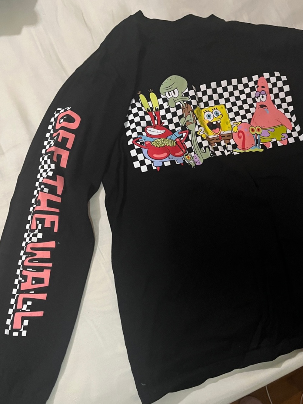 Vans Black SpongeBob Checkered Graphic Long-Sleeve Tee - Pink Sleeve Text